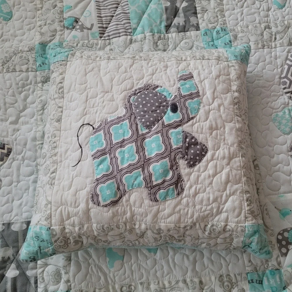 Handmade Baby Quilt Pillow Blue Gray White Elephant Giraffe Applique Nursery Art